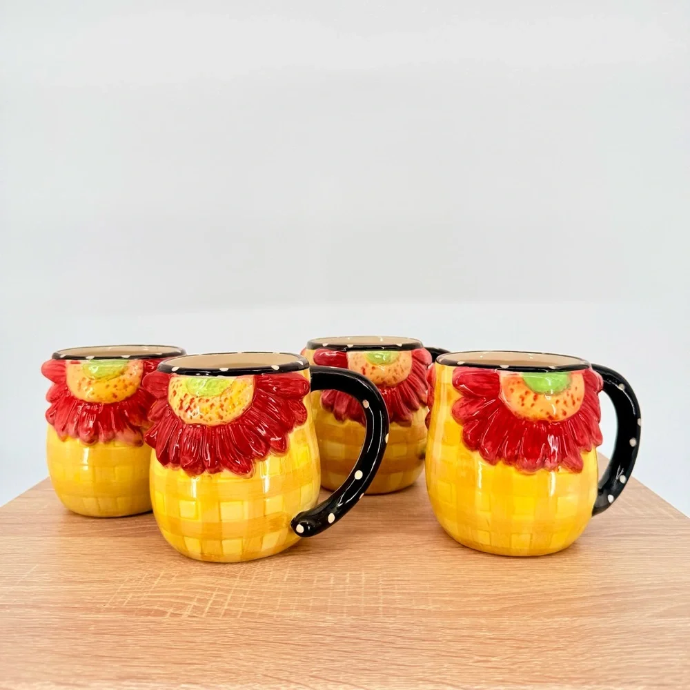 Pier 1 Sunflower Mug Set 4 3D Floral Ceramic Coffee Cup Cottagecore Farmhouse